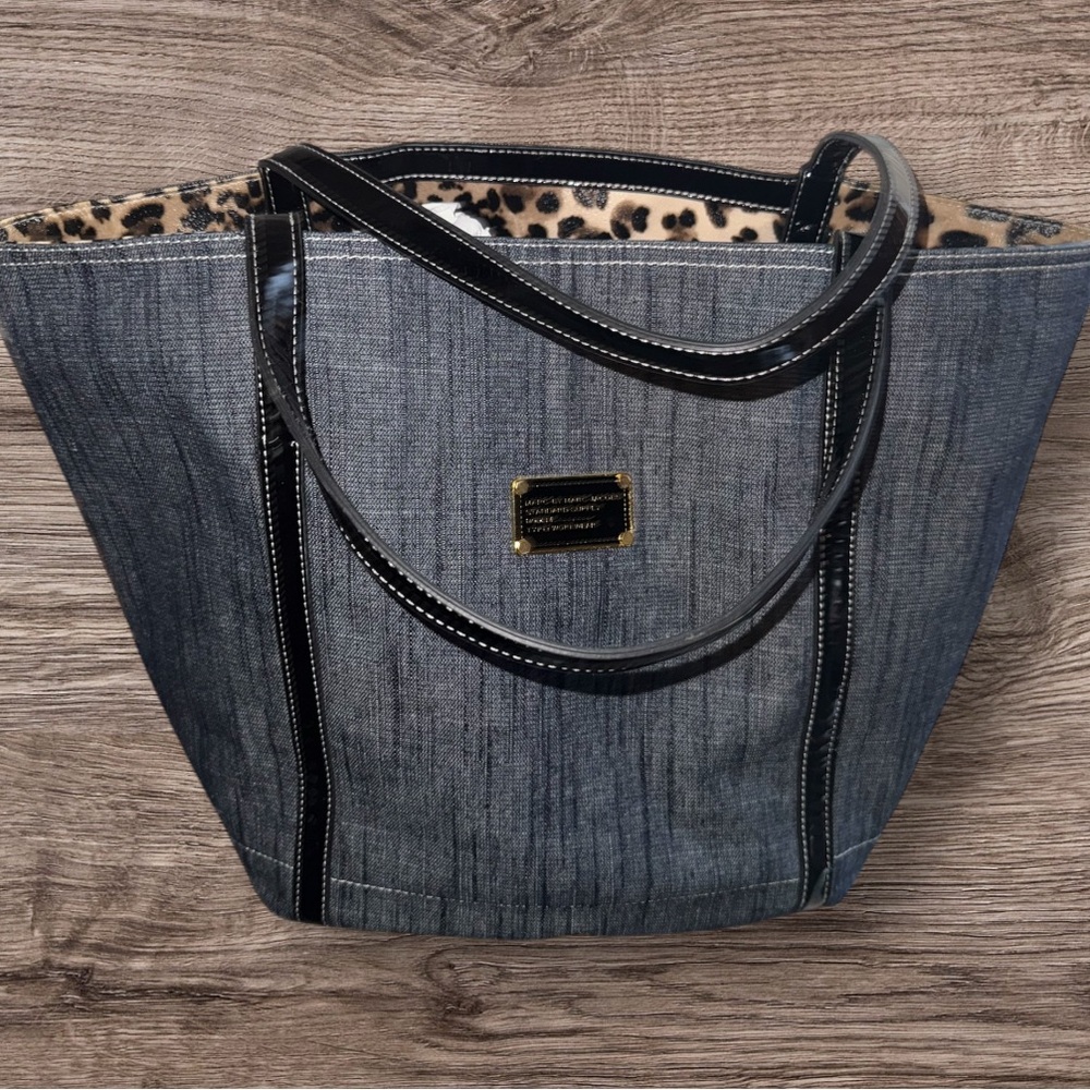 Marc Jacobs Blue and Black Tote Bag with Denim Fabric and Contrasting Trim